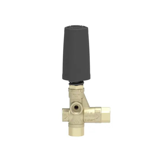Brass valve with black handle on a white background